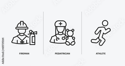 professions outline icons set. professions icons such as fireman, pediatrician, athlete vector. can be used web and mobile.