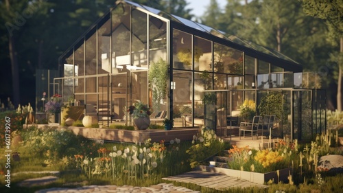 Conceptual modern glasshouse home exterior design. Contemporary glass house concept. Generative AI illustration.