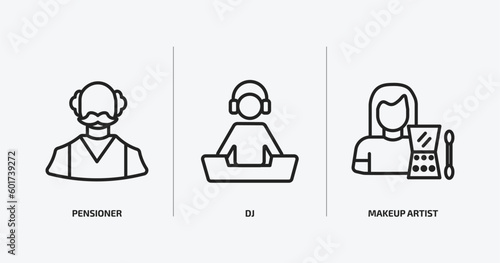 professions & jobs outline icons set. professions & jobs icons such as pensioner, dj, makeup artist vector. can be used web and mobile.