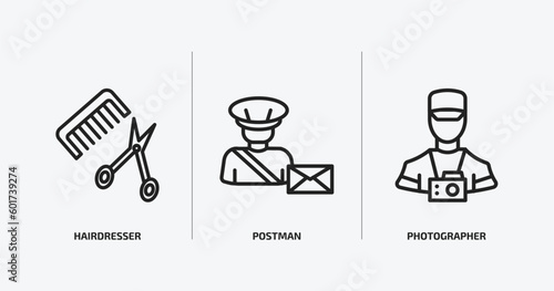 professions outline icons set. professions icons such as hairdresser, postman, photographer vector. can be used web and mobile.
