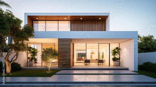 Conceptual modern glasshouse home exterior design. Contemporary glass house concept. Generative AI illustration. © Tuyres