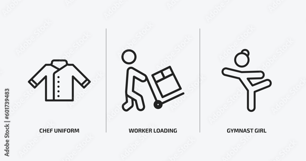Obraz premium people outline icons set. people icons such as chef uniform, worker loading, gymnast girl vector. can be used web and mobile.