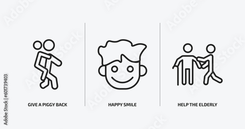 people outline icons set. people icons such as give a piggy back ride, happy smile, help the elderly vector. can be used web and mobile.