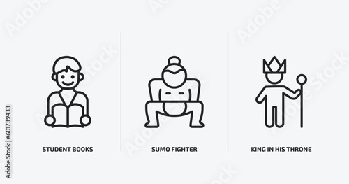 people outline icons set. people icons such as student books, sumo fighter, king in his throne vector. can be used web and mobile.