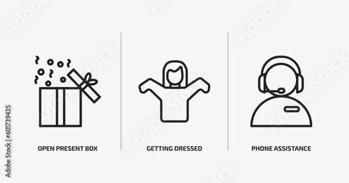 people outline icons set. people icons such as open present box, getting dressed, phone assistance vector. can be used web and mobile.