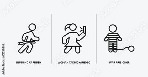 people outline icons set. people icons such as running at finish line, woman taking a photo, war prisioner vector. can be used web and mobile.