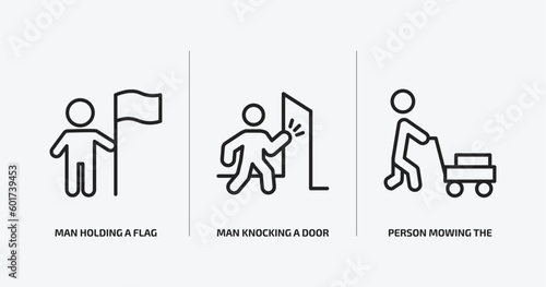 people outline icons set. people icons such as man holding a flag, man knocking a door, person mowing the grass vector. can be used web and mobile.