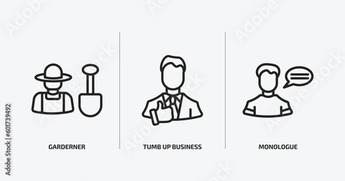people outline icons set. people icons such as garderner, tumb up business man, monologue vector. can be used web and mobile.