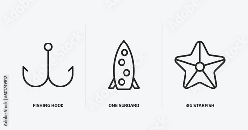 nautical collection. outline icons set. nautical collection. icons such as fishing hook, one suroard, big starfish vector. can be used web and mobile.