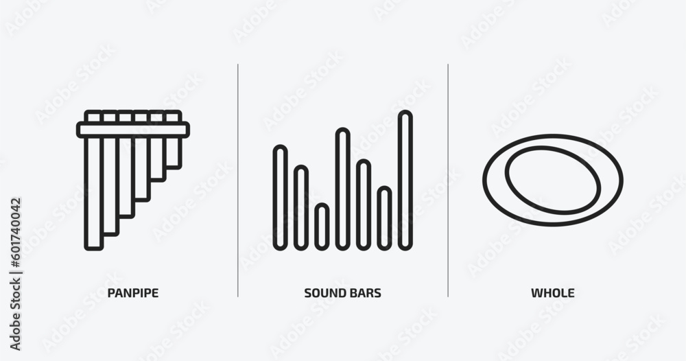 music and media outline icons set. music and media icons such as panpipe, sound bars, whole vector. can be used web and mobile.