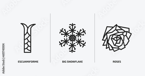 nature outline icons set. nature icons such as escuamiforme, big snowflake, roses vector. can be used web and mobile.