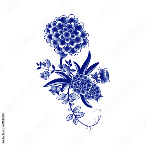 .Blue and white bouquet of abstract flowers. Design elements on a white background. Chinese style decoration. Floral vector template.