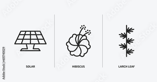 nature outline icons set. nature icons such as solar, hibiscus, larch leaf vector. can be used web and mobile.
