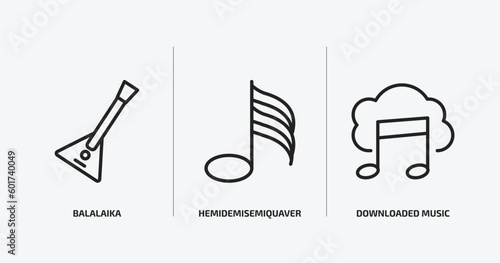 music and media outline icons set. music and media icons such as balalaika, hemidemisemiquaver, downloaded music cloud vector. can be used web and mobile.