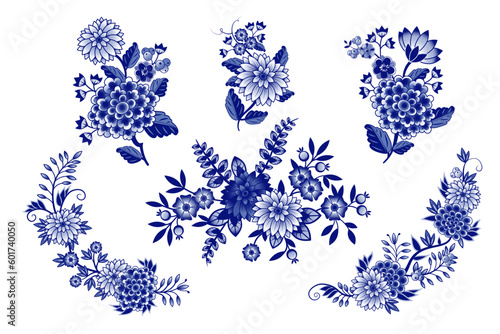 Fotografia .Set of isolated blue and  white Chinese style bouquets(various flowers, leaves,