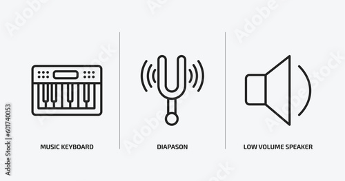 music and media outline icons set. music and media icons such as music keyboard, diapason, low volume speaker vector. can be used web and mobile.