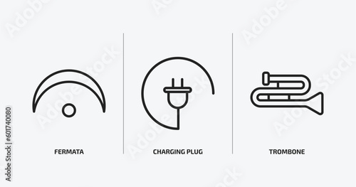 music and media outline icons set. music and media icons such as fermata, charging plug, trombone vector. can be used web and mobile.