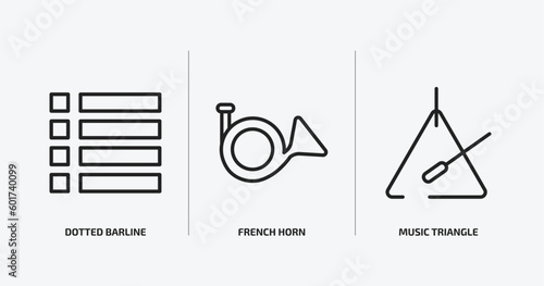 music and media outline icons set. music and media icons such as dotted barline, french horn, music triangle vector. can be used web and mobile.