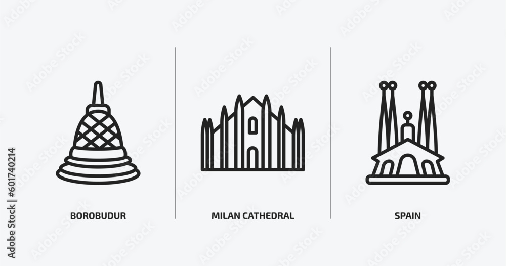 Fototapeta premium monuments outline icons set. monuments icons such as borobudur, milan cathedral, spain vector. can be used web and mobile.