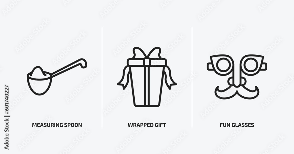 miscellaneous outline icons set. miscellaneous icons such as measuring spoon, wrapped gift, fun glasses vector. can be used web and mobile. miscellaneous outline icons set. miscellaneous icons such as measuring spoon, wrapped gift, fun glasses vector. can be used web and mobile.