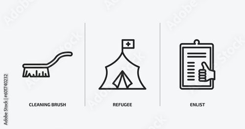 miscellaneous outline icons set. miscellaneous icons such as cleaning brush, refugee, enlist vector. can be used web and mobile.