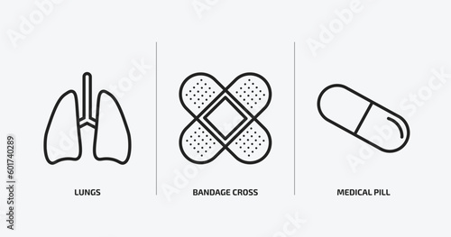 medical outline icons set. medical icons such as lungs, bandage cross, medical pill vector. can be used web and mobile.