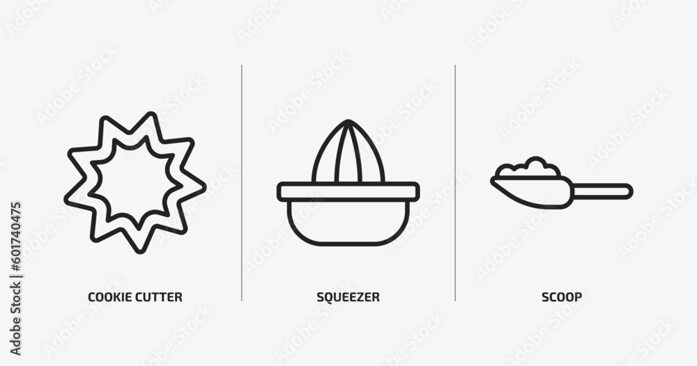 kitchen outline icons set. kitchen icons such as cookie cutter, squeezer, scoop vector. can be used web and mobile. kitchen outline icons set. kitchen icons such as cookie cutter, squeezer, scoop vector. can be used web and mobile.