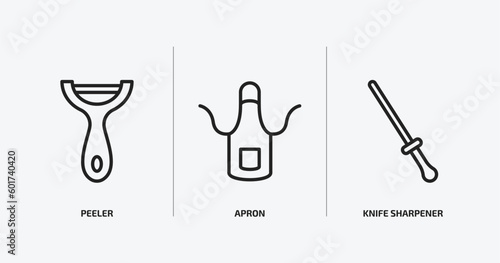 kitchen outline icons set. kitchen icons such as peeler, apron, knife sharpener vector. can be used web and mobile.