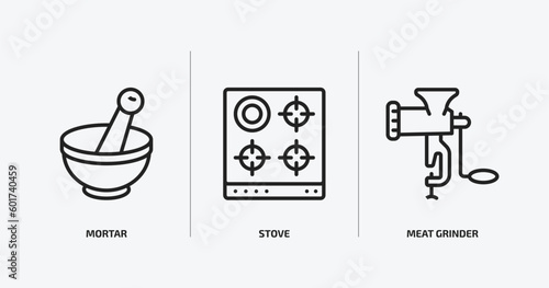 kitchen outline icons set. kitchen icons such as mortar, stove, meat grinder vector. can be used web and mobile.