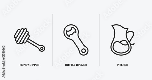 kitchen outline icons set. kitchen icons such as honey dipper, bottle opener, pitcher vector. can be used web and mobile.