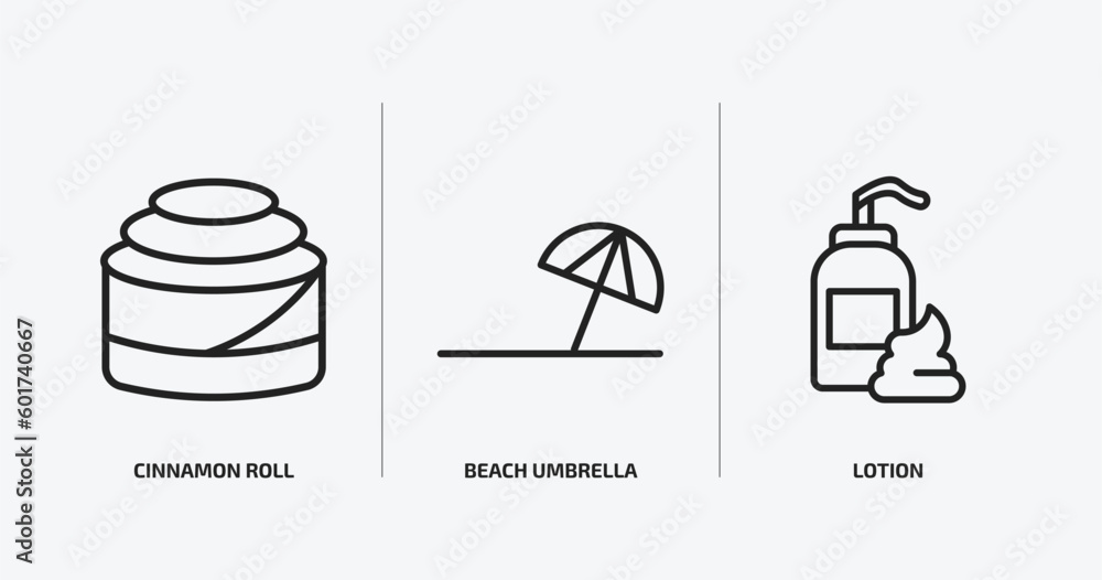 hotel and restaurant outline icons set. hotel and restaurant icons such as cinnamon roll, beach umbrella, lotion vector. can be used web and mobile. hotel and restaurant outline icons set. hotel and restaurant icons such as cinnamon roll, beach umbrella, lotion vector. can be used web and mobile.
