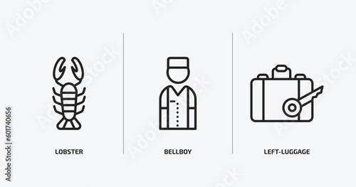 hotel and restaurant outline icons set. hotel and restaurant icons such as lobster, bellboy, left-luggage vector. can be used web and mobile.