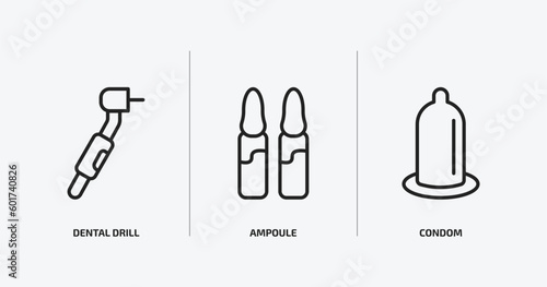 health and medical outline icons set. health and medical icons such as dental drill, ampoule, condom vector. can be used web and mobile.