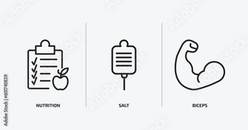health and medical outline icons set. health and medical icons such as nutrition, salt, biceps vector. can be used web and mobile.
