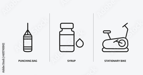 health and medical outline icons set. health and medical icons such as punching bag, syrup, stationary bike vector. can be used web and mobile.