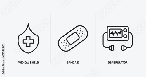 health and medical outline icons set. health and medical icons such as medical shield, band aid, defibrillator vector. can be used web and mobile.