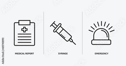 health and medical outline icons set. health and medical icons such as medical report, syringe, emergency vector. can be used web and mobile.