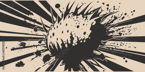Vintage retroo cartonn comics ink abstract drawing texture background with huge atomic explosion. Graphic Art. Illustration