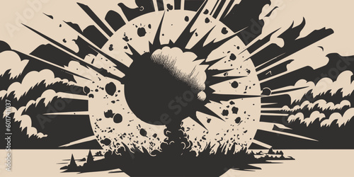 Vintage retroo cartonn comics ink abstract drawing texture background with huge atomic explosion. Graphic Art. Illustration