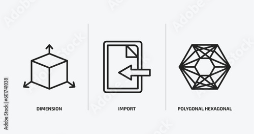 geometry outline icons set. geometry icons such as dimension, import, polygonal hexagonal vector. can be used web and mobile.