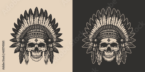 Set of vintage retro scary native american indian apache chief skull with feathers. Monochrome Graphic Art. Vector. Hand drawn element in engraving