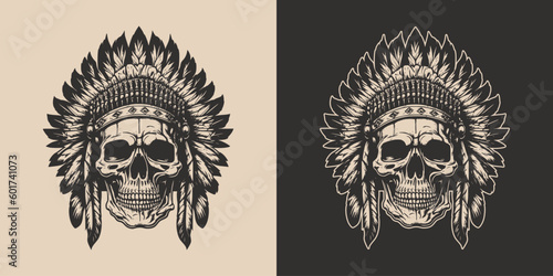 Set of vintage retro scary native american indian apache chief skull with feathers. Monochrome Graphic Art. Vector. Hand drawn element in engraving