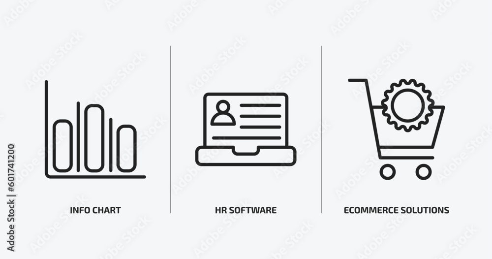 general outline icons set. general icons such as info chart, hr software, ecommerce solutions vector. can be used web and mobile. general outline icons set. general icons such as info chart, hr software, ecommerce solutions vector. can be used web and mobile.