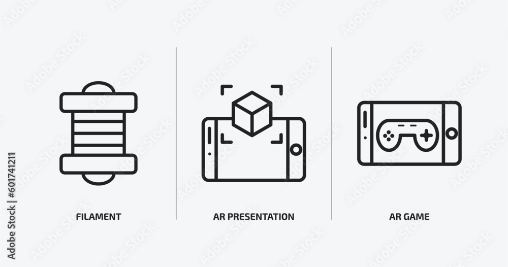 general outline icons set. general icons such as filament, ar presentation, ar game vector. can be used web and mobile. general outline icons set. general icons such as filament, ar presentation, ar game vector. can be used web and mobile.