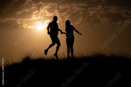 Silhouette of couple jumping against light © Ivn