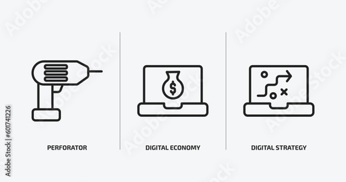 general outline icons set. general icons such as perforator, digital economy, digital strategy vector. can be used web and mobile.