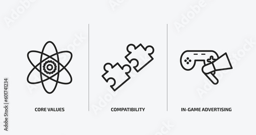 general outline icons set. general icons such as core values, compatibility, in-game advertising vector. can be used web and mobile.