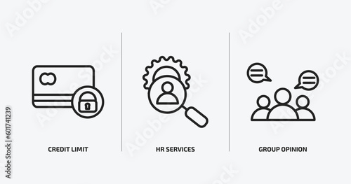 general outline icons set. general icons such as credit limit, hr services, group opinion vector. can be used web and mobile.
