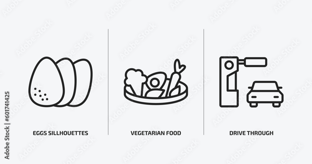food outline icons set. food icons such as eggs sillhouettes, vegetarian food, drive through vector. can be used web and mobile.