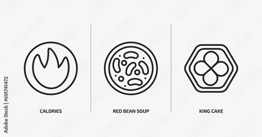 food outline icons set. food icons such as calories, red bean soup, king cake vector. can be used web and mobile.